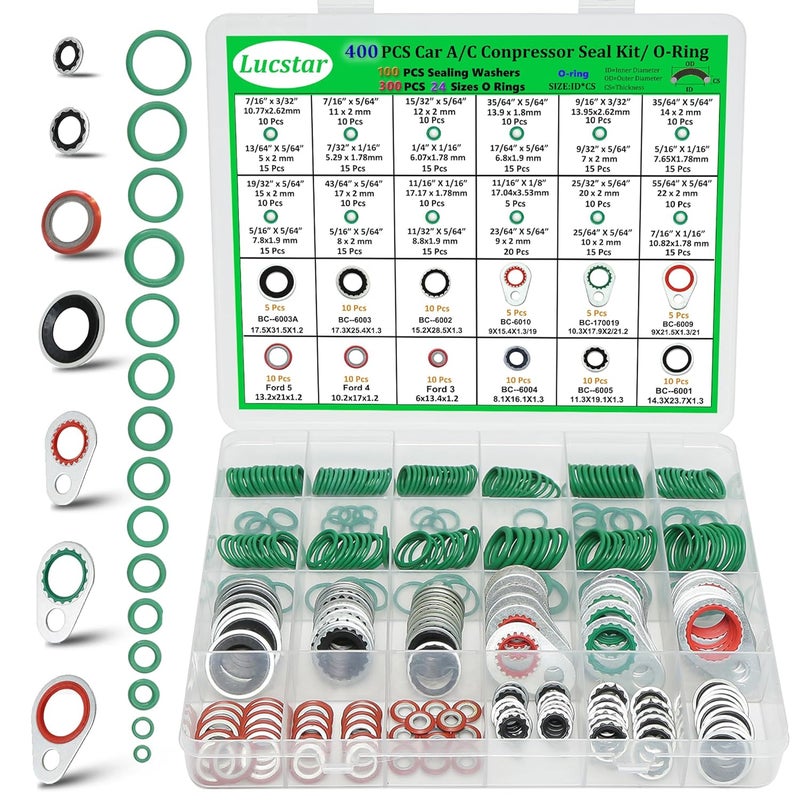Lucstar 400Pcs AC O Ring Kit, A/C Compressor Seal Kit Gasket，Automotive Replacement Air Conditioning Compressors Port Sealing Washers, O Ring Assortment Kit, R 134a R12 Refrigerant for AC Valve Core - Image 1